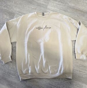 Gildan Womens Crewneck Sweater - Beige with 'Coffee Please', Size Xl